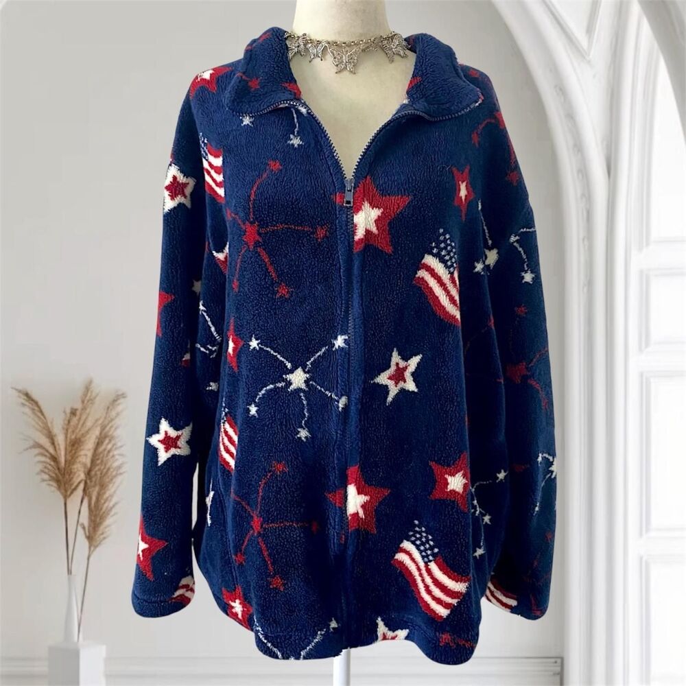 Vintage Classic Americana Dark Blue Red White Flag Fleece Sweater Jacket XXL